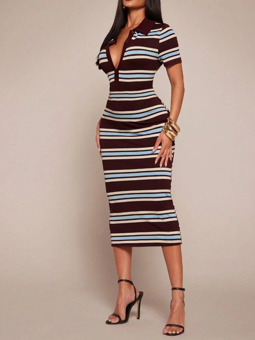 Multicolor Casual Women's Striped Short Sleeve Polo Collar Dress